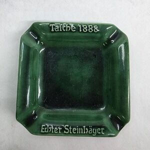 Vintage Green glazed German ashtray, Tasche Gin, 5" square trinket tray dish